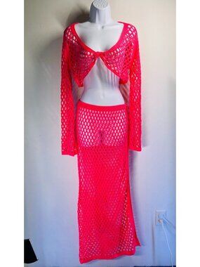 Bright Pink Crochet 2-Piece Swimsuit Cover-Up With Long Sleeve Top & Maxi Skirt
